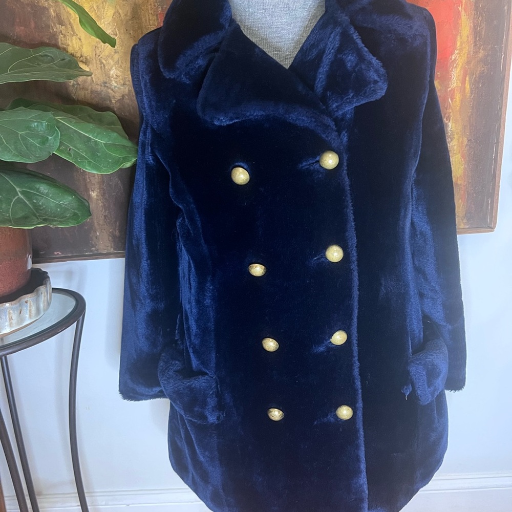 Luxurious Navy Faux Fur Coat with Gold Buttons